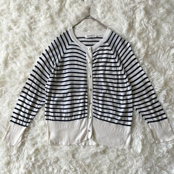 Dessin Border Knit Cardigan Rayon Blend White/ Navy - Picture 1 of 7
